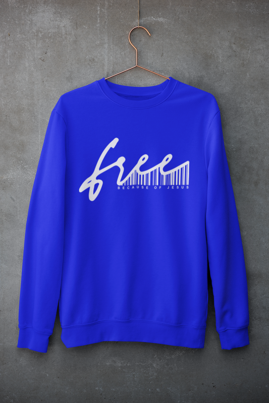 Free Because of Jesus Sweatshirt (BLUE AND WHITE)