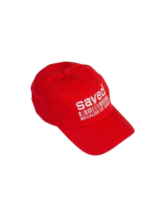 SAVED BECAUSE OF JESUS DAD HAT (RED AND WHITE)