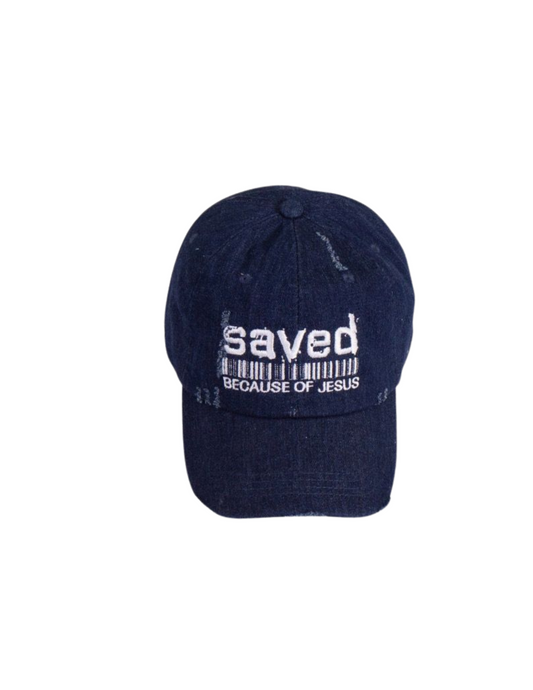 SAVED BECAUSE OF JESUS DAD HAT (DENIM AND WHITE)